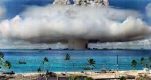 Colourised image of nuclear test explosion on the Marshall Islands