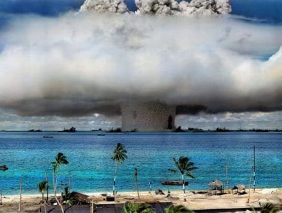 Colourised image of nuclear test explosion on the Marshall Islands