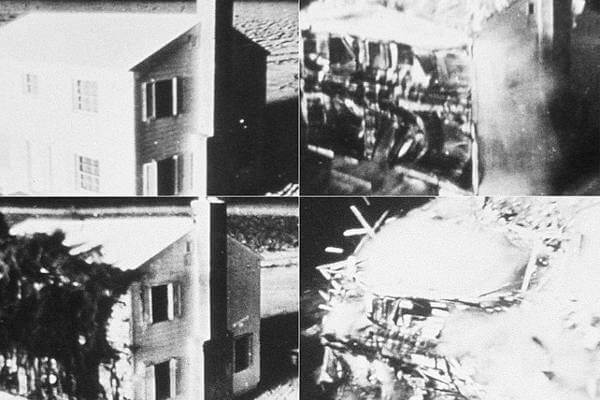 The effects of a nuclear weapon on a house: before and after the impact.