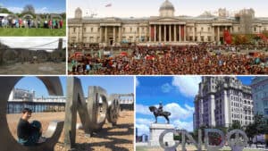 collage of photos from CND's Symbol tour and an image of a filled up Trafalgar Square