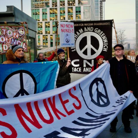 CND protesters with banners and outside the US Embassy