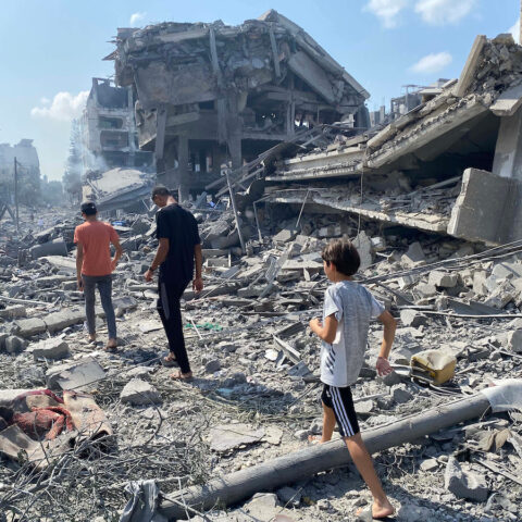 Palestinians inspect the damage following an Israeli airstrike on the El-Remal aera in Gaza City on October 9, 2023. Credit: Palestinian News & Information Agency (Wafa)