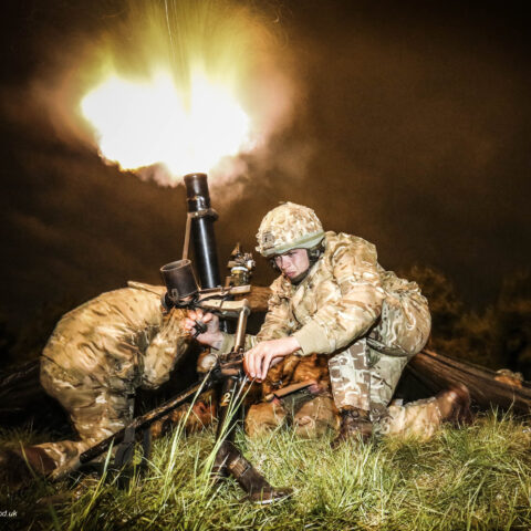 Two soldiers fire a mortar