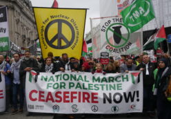 Front banner of Palestine demonstration with CND banner in the background
