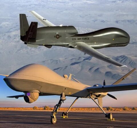 Split image of US Global Hawk and Reaper drones