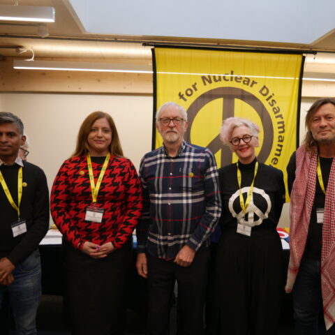 From left to right, Denis Fernando (Friends of the Earth), Sabby Dhalu (Stand Up To Racism), Jeremy Corbyn MP, Sophie Bolt (CND), Ludo De Brabander (Vrede)